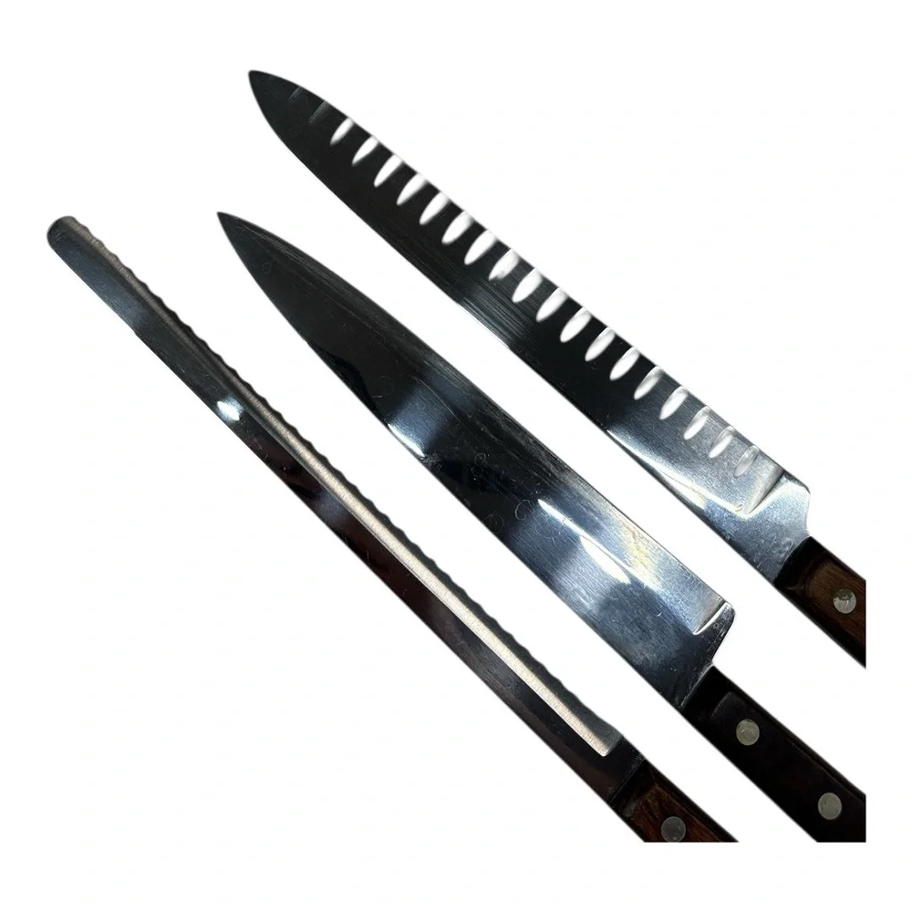 3 Vtg Ekco Flint Arrowhead Vanadium Ergonomic Wood Handle Carving Chef Knives
